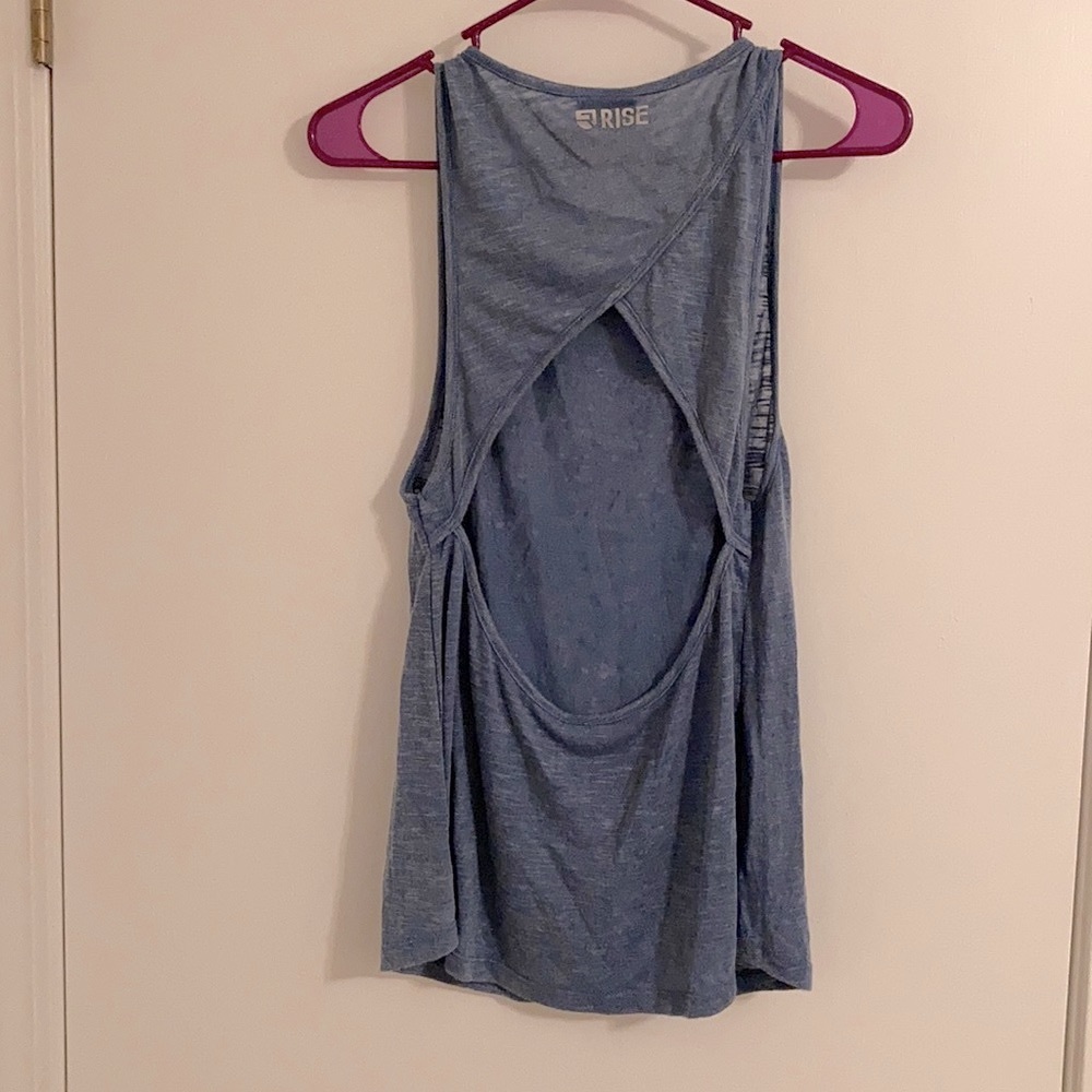 Sheer blue workout tank top with open back
